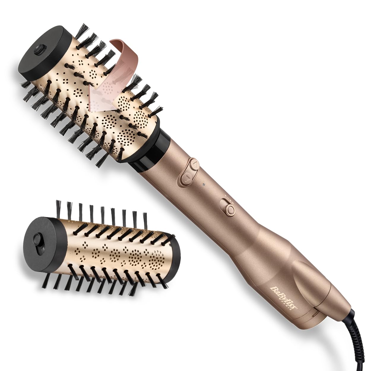 BaByliss Big Hair Dual Spazzola ad aria rotante, funzione ionica, 2 accessori spazzole da 50mm e 40mm, 2 direzioni di rotazione, 2 temperature + aria fredda, nero e oro, AS952E