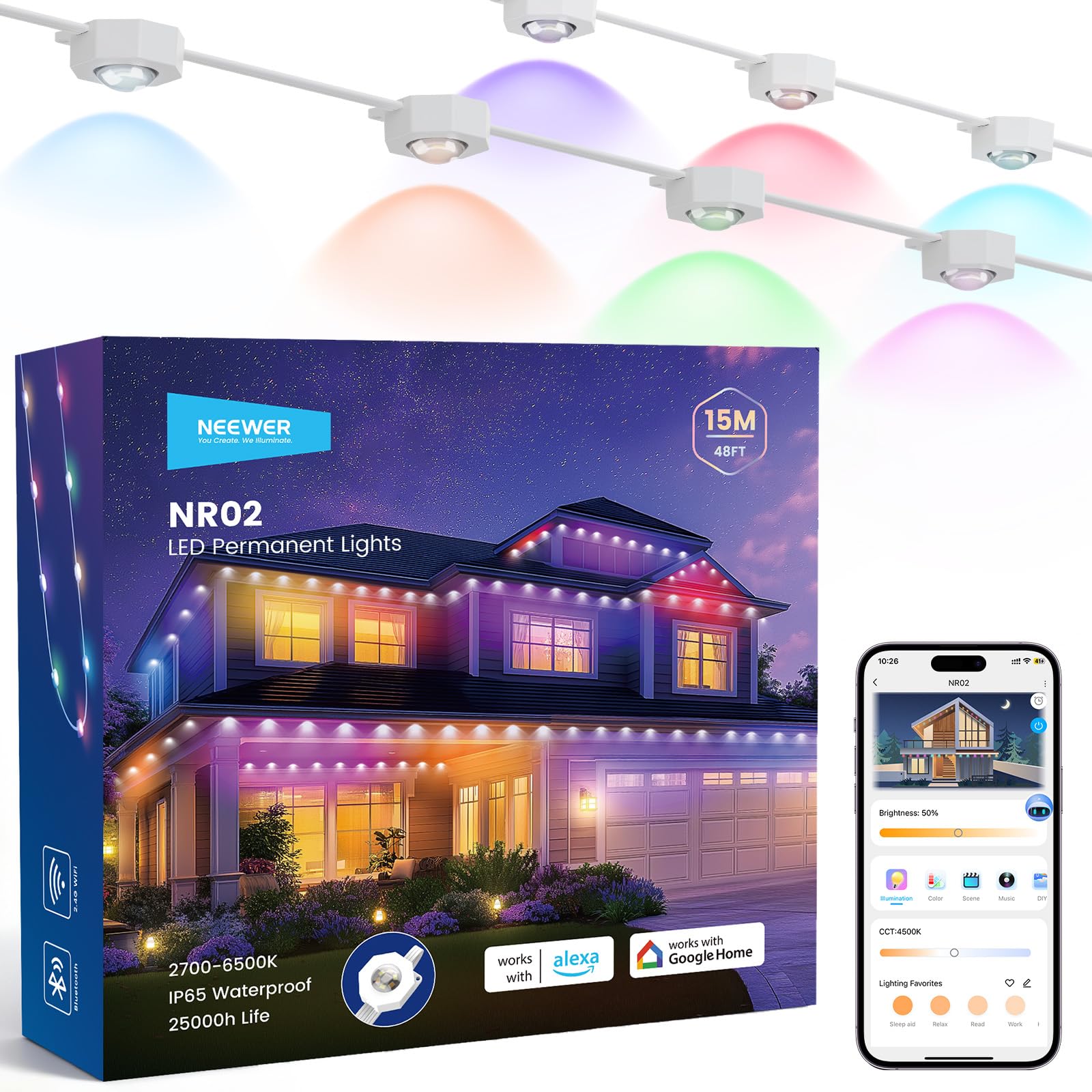 NEEWER Luci Esterne Permanenti 15m per Decorazione Casa, Catene Luminose per Esterni Grondaie Natale Smart AI RGBCW, 30 Luce LED Controllo App 53 Scene IP67 Impermeabile, Compatib…