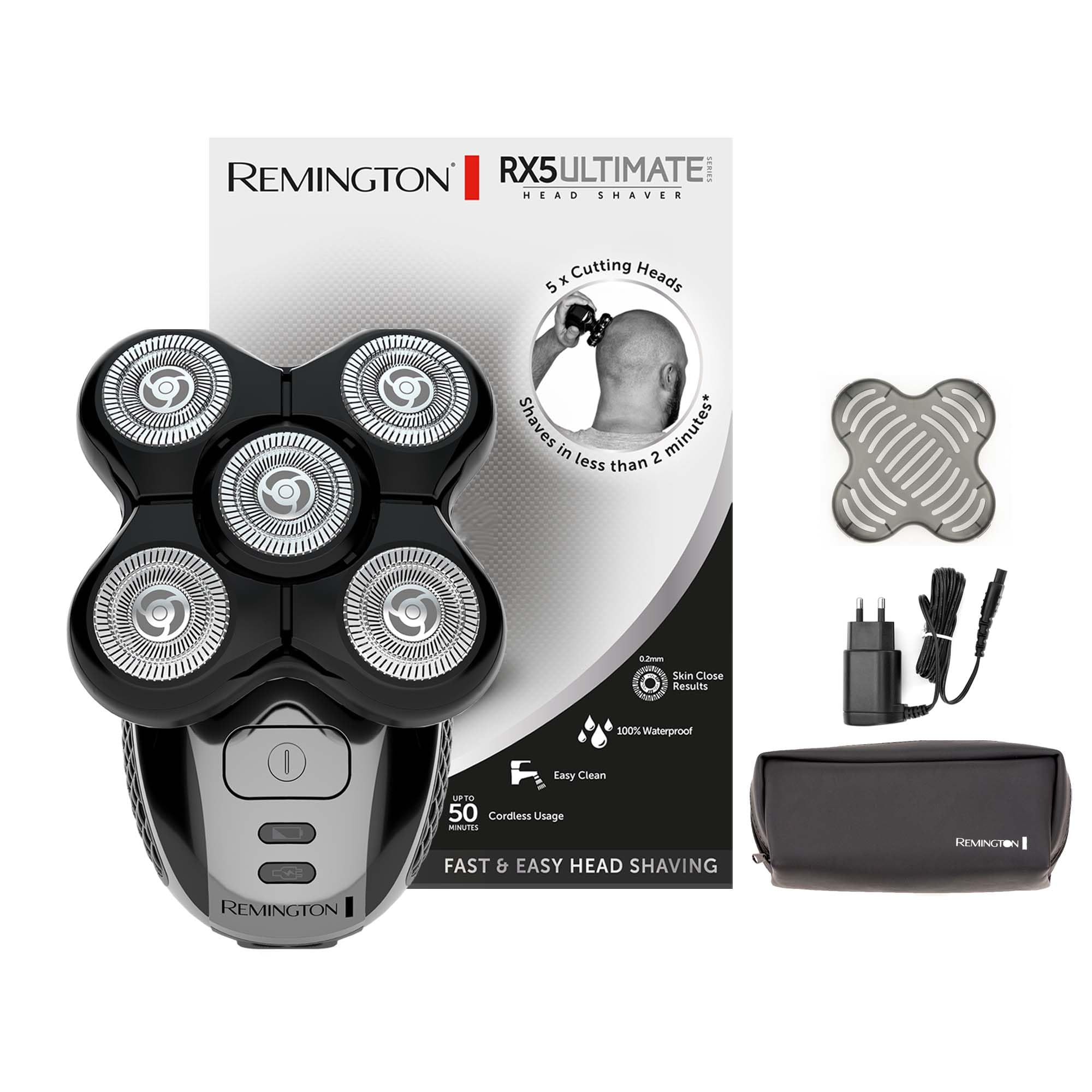 Remington Rasoio Testa Calva Uomo - Lama a doppia traccia flessibili - Rasoio a testine Rotanti al litio, 5 testine di rasatura, Raccolta peli, Rifinitore, Rasoio Elettrico RX5 XR…