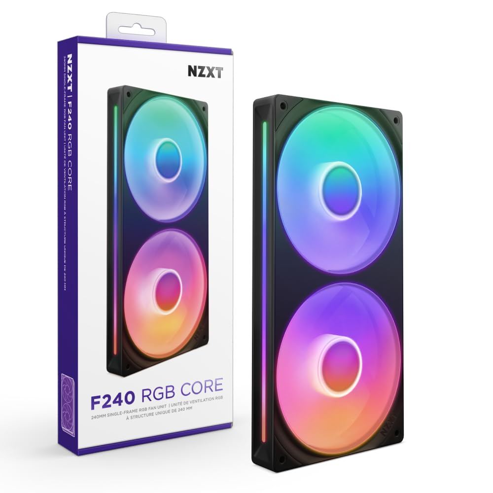 NZXT F240 RGB Core - Ventola RGB Monoscocca 240mm - Nero | Unità monoscocca 240mm con due ventole RGB 120mm su un cavo. Velocità e illuminazione gestite tramite CAM.