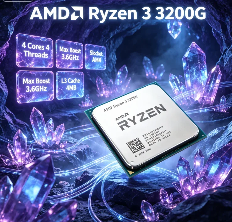 CPU AMD R3 3200G Conveniente per lo Studio, 4 Core 4 Thread, 3.6GHz (Boost 4.0GHz), 4MB Cache, 65W, AM4, Senza Dissipatore, Ottima per Suite Ufficio