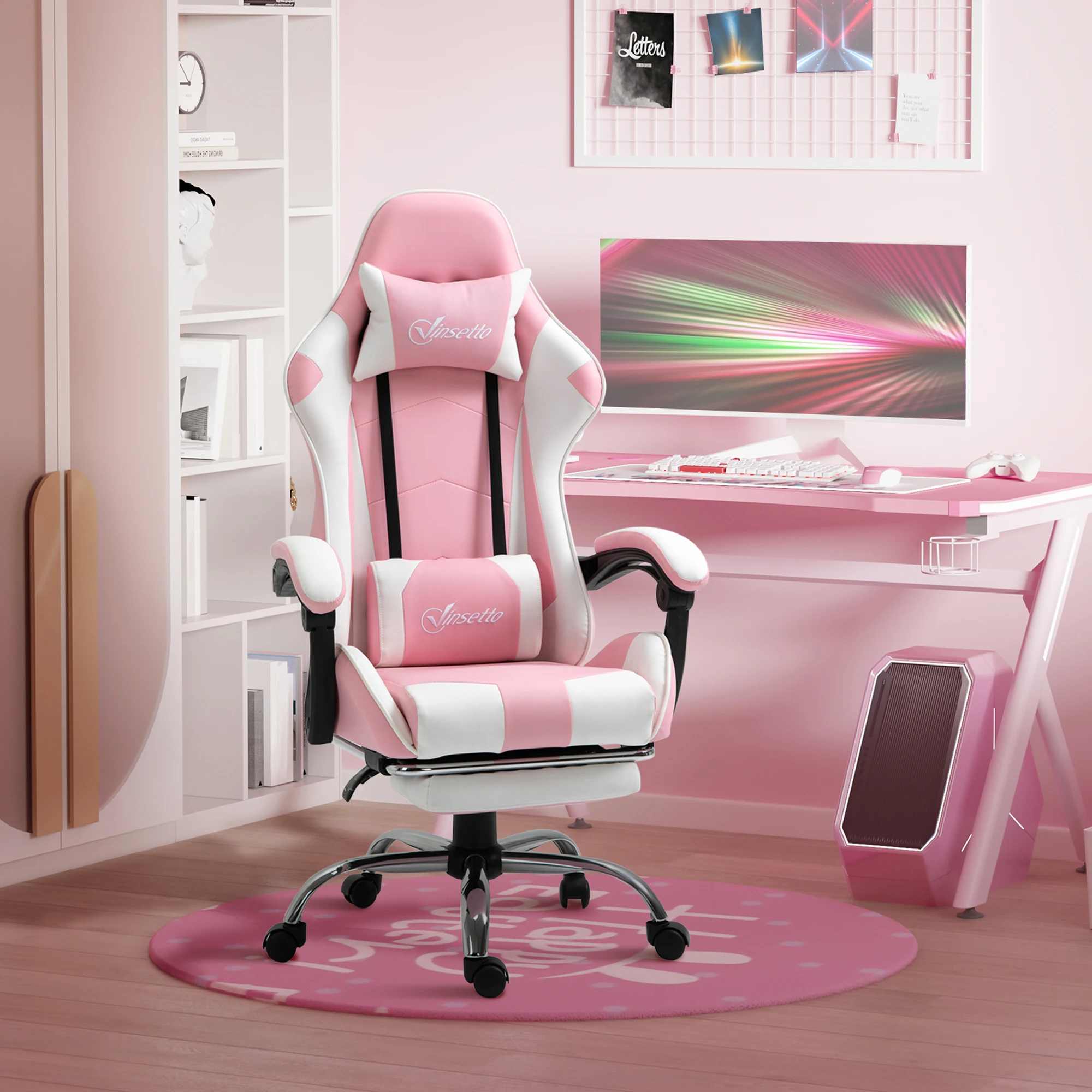 Sedia da Gaming Ergonomica con Poggiatesta e Cuscino Lombare, Sedia da Ufficio Regolabile in Altezza, Girevole a 360 Gradi, Stile Racing Rosa e Bianco, in Pelle PU con Poggiapiedi…