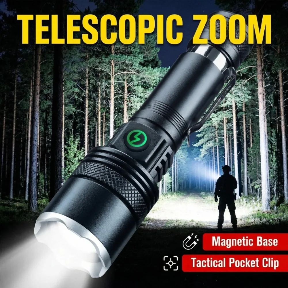 Torcia LED Ricaricabile Zoomabile Impermeabile in Lega di Alluminio con Clip e Magnete per Escursionismo, Campeggio e Uso Notturno