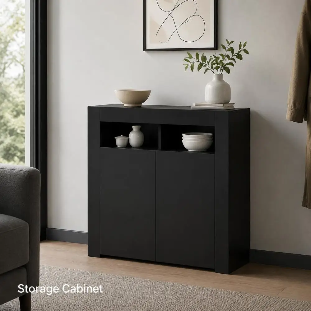 Credenza Moderna Nera, Mobile Contenitore in Legno per Soggiorno e Ingresso, Consolle Espositiva, 80x35x75 cm