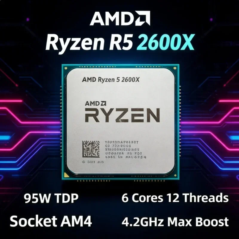 CPU AMD R5 2600X AM4 ad alta frequenza, 6 core, 12 thread, 12MB di cache, per computer da gaming di fascia media fai-da-te, senza dissipatore.