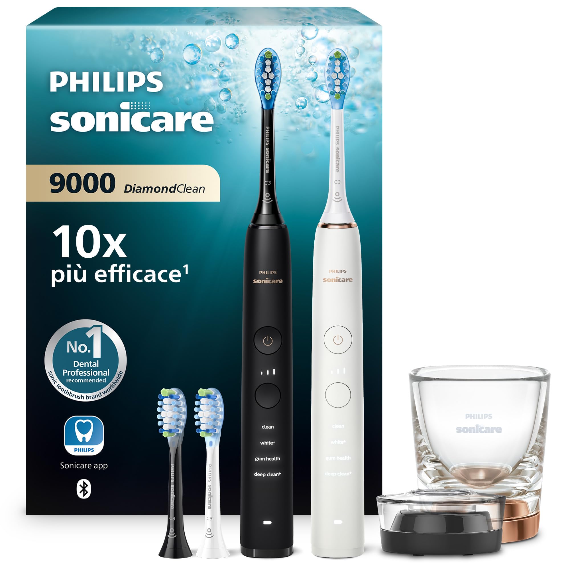 Philips Sonicare DiamondClean 9000 spazzolino elettrico, confezione doppia, spazzolino sonico con app, sensore di pressione, 4 modalità di pulizia, bicchiere di ricarica, nero e o…