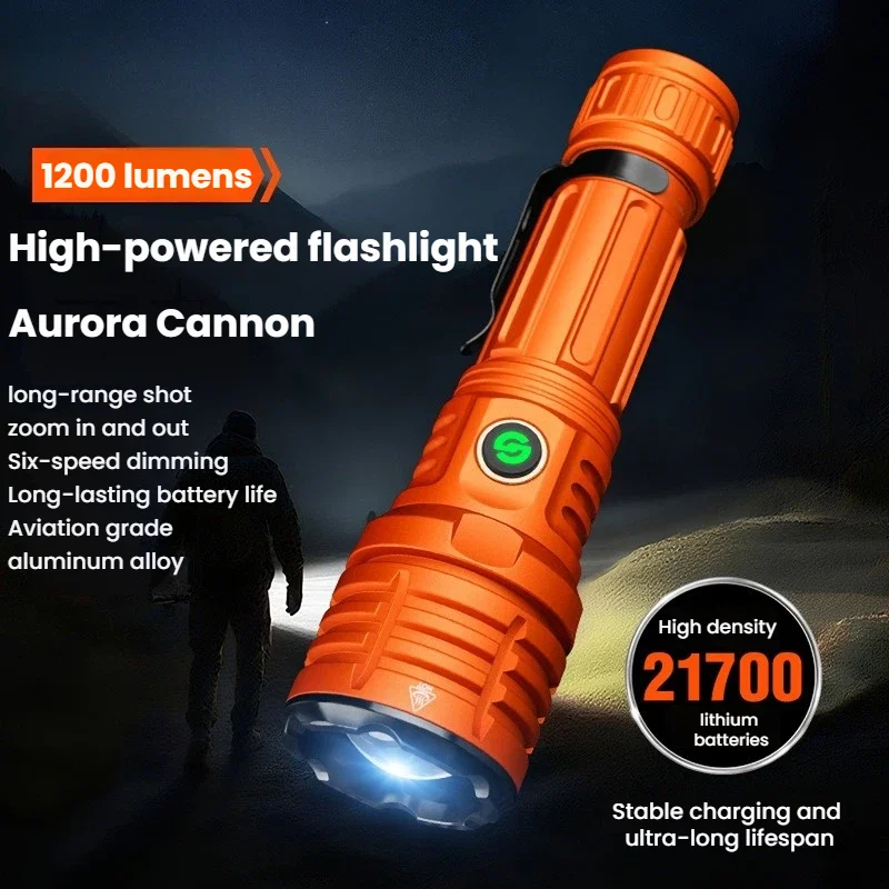 Torcia LED ad Alta Potenza con Zoom, Ricaricabile USB-C, per Esterni, Campeggio, in Lega di Alluminio