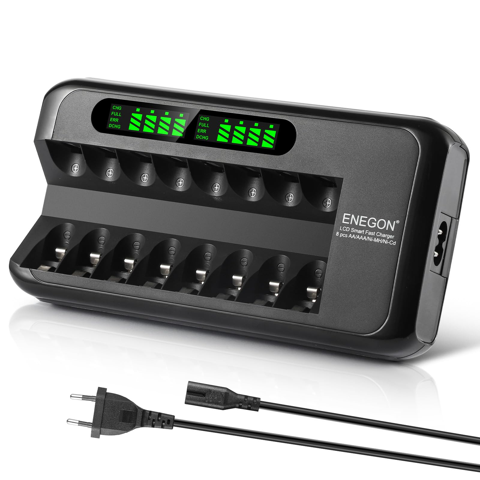 ENEGON Caricabatterie Rapido Intelligente per Batterie Ricaricabili AA AAA Ni-MH Ni-CD con Display LCD, 8 Slot Indipendenti, Protezione e Alimentatore 100-240V