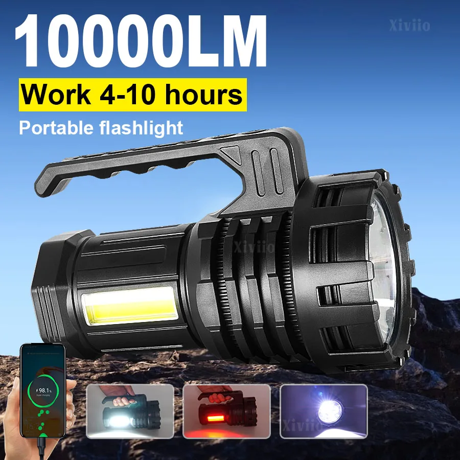 Torce a LED ricaricabili ad alta potenza da 10000LM Lampada a distanza di illuminazione ultra lunga Faro Torce a lanterna potenti e luminose