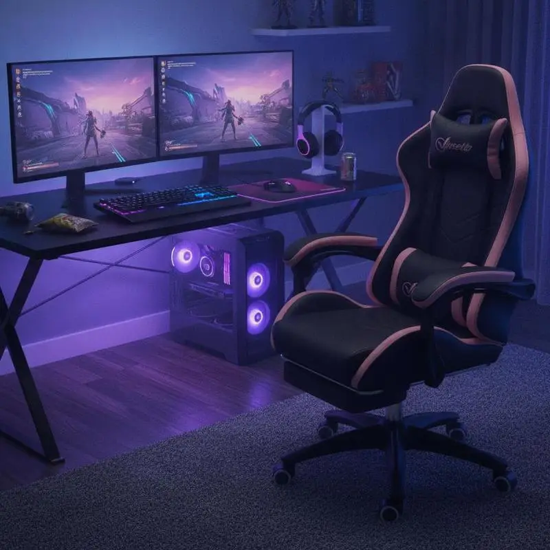 Sedia da ufficio, sedia da gaming, 1 poggiatesta, 1 supporto lombare, rosa + nero