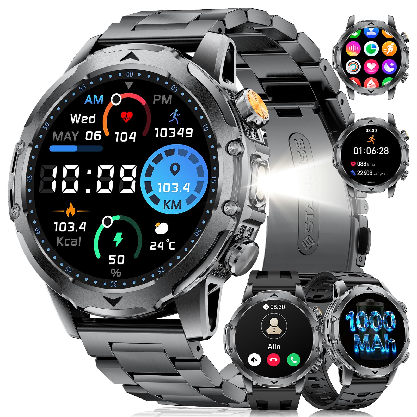 Smartwatch Uomo Militare con 1000mAh/Torcia LED/2 Cinghie, 1.53"HD Smart Watch Orologio con Chiamate, 120+ Modalità Sportive, Cardiofrequenzimetro Sonno, IP68 Smart Watch per Andr…