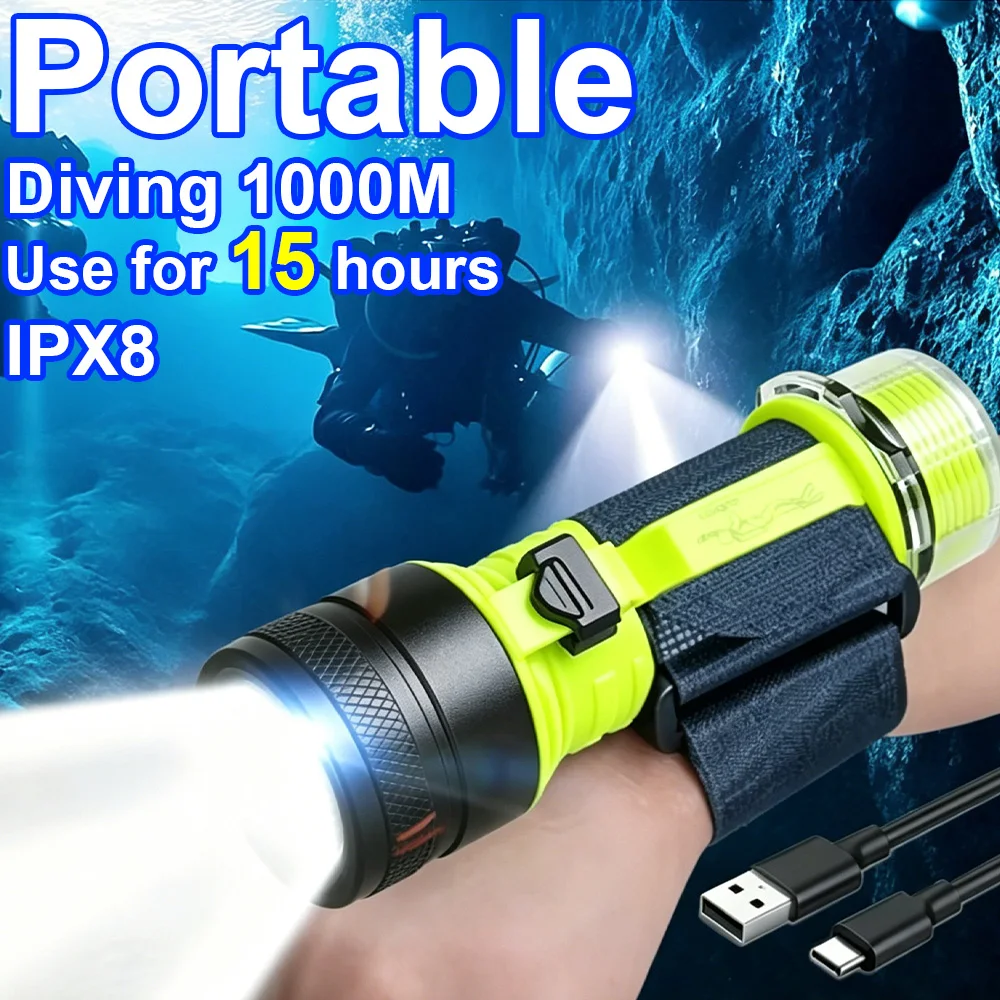 Nuova Torcia Subacquea LED Professionale Portatile, Luce Potente, Impermeabile IPX8, Lampada per Immersioni e Pesca