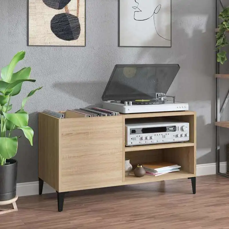 Mobiletto porta dischi in vinile, legno ingegnerizzato Sonoma Oak, stile industriale con gambe in metallo, scaffale espositivo multifunzionale per soggiorno e ufficio, 84,5x38x48…