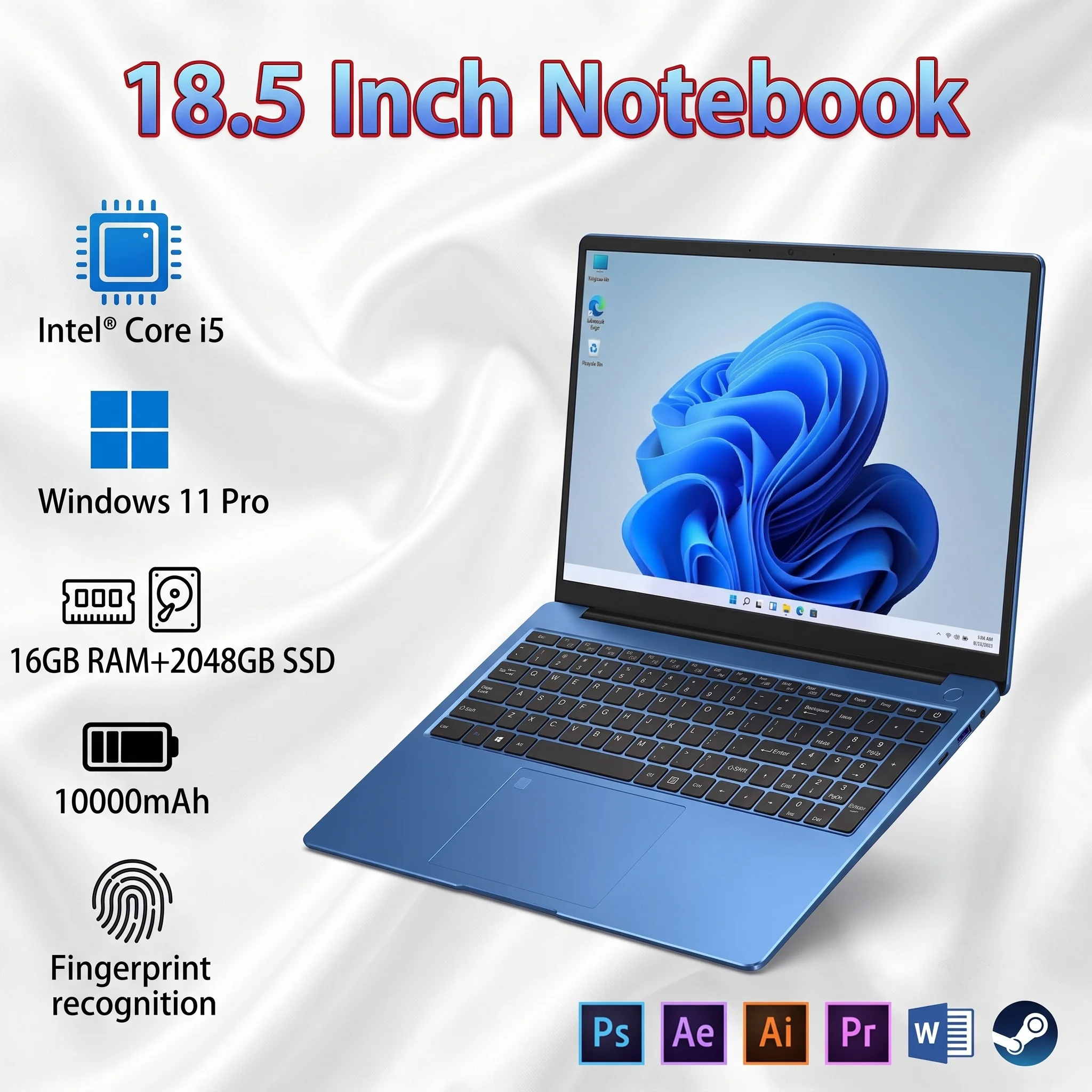 Nuovo Laptop da Gaming 18.5" con Processore Intel Core i5, 16GB RAM, SSD 2TB, Batteria 10000mAh, Tastiera Retroilluminata, Lettore di Impronte Digitali, PC per Lavoro e Studio