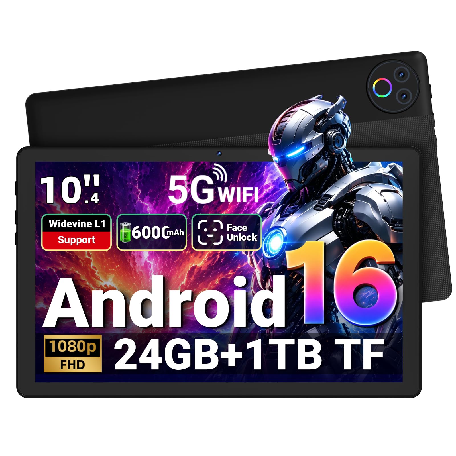 Gleeso Tablet 10 Pollici｜Tablet con Android 16｜Android Tablet con 24GB RAM 1TB TF｜6000mAh｜Sblocco Facciale｜BT 5.4/WiFi 5G｜8MP Fotocamera, Portatile Tablet per Studenti e Aziende -…