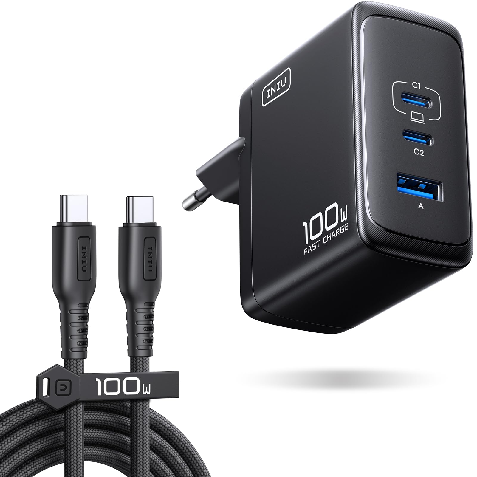 INIU 100W USB C Caricatore, GaN Multiplo Presa USBC Caricabatterie, Alimentatore Rapido Compatto con Cavo per MacBook Pro Air iPad, iPhone 17 16 15 Pro Max, Samsung S25 S24 Ultra,…