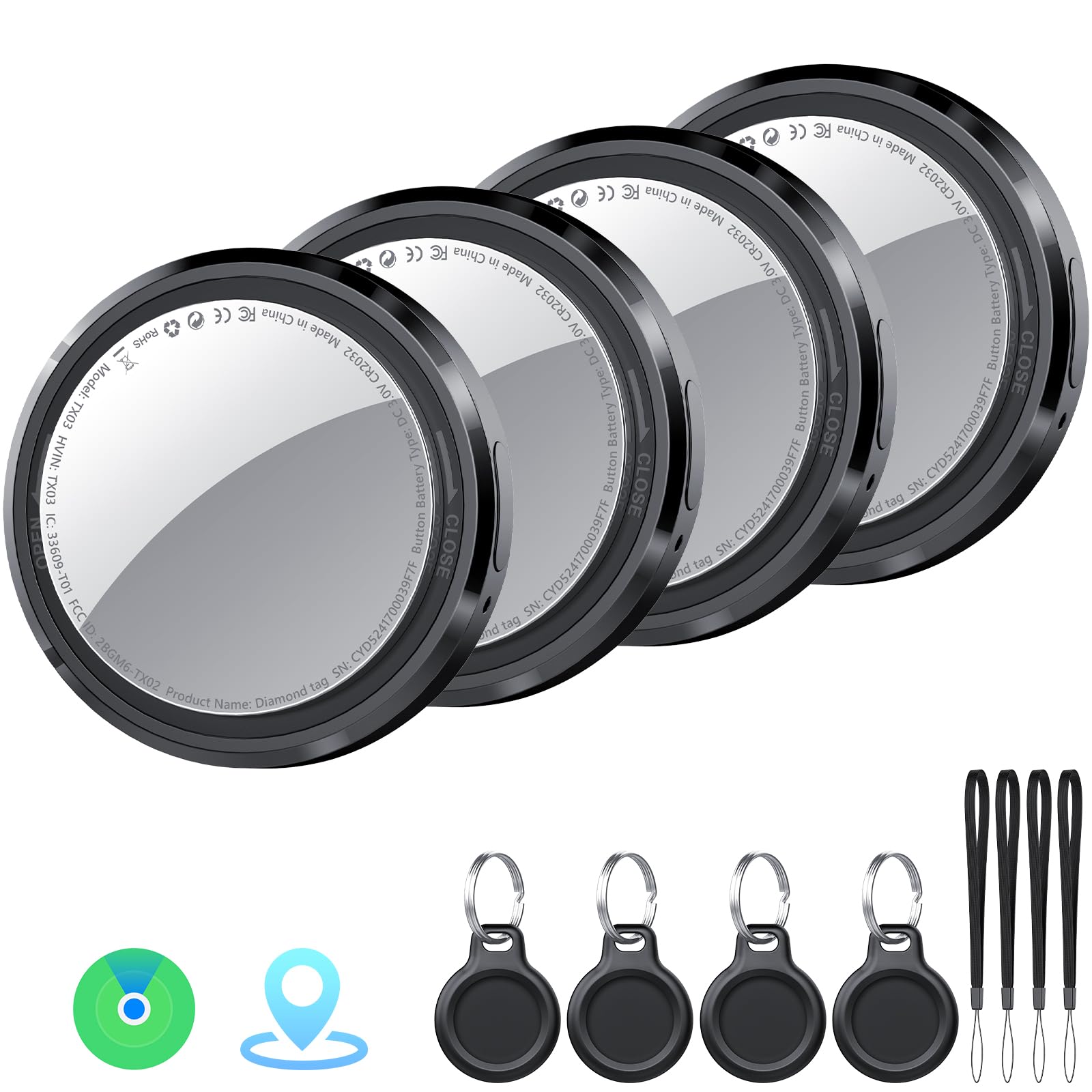 Air Tracker Tag 4 pezzi Nero Compatibile con Apple Dov'è (solo iOS) | Bluetooth Trova Oggetti, Smart Tracker Localizzatore e Bagagli/Valigie/Portafogli, Chiavi Tag Tracking, Batte…