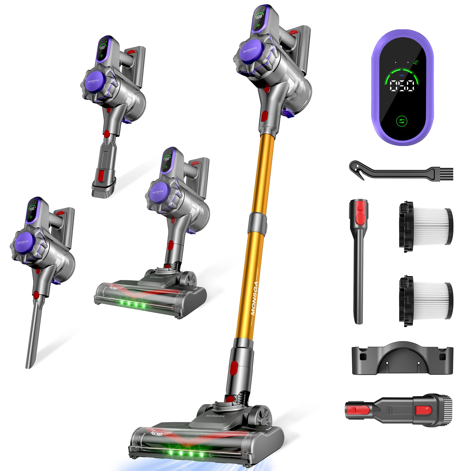 MONSGA Aspirapolvere Senza Fili 45KPA/550W/50Min, Anti-Groviglio | Display LED, Batteria Rimovibile, Ricaricabile a Parete, Scopa Elettrica Senza Fili per Pavimenti Duri/Tappeti/P…