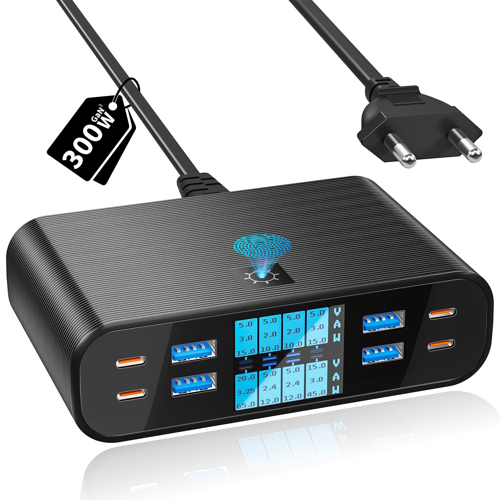 YSYFAD Caricatore USB C Multiplo 8 Porte con Schermo LED 300W GaN Ricarica | PD Stazione di Ricarica PPS Caricatore USB C 65W Fast QC3.0 USBA caricabatterie per Macbook laptop i P…