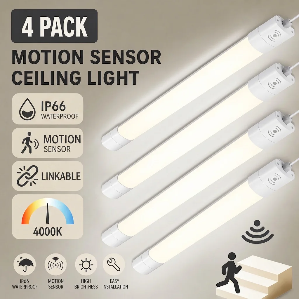 Set di 4 Lampade LED da Soffitto per Ambienti Umidi, Collegabili, 36W 4000K 3950LM IP66 con Sensore di Movimento, per Garage e Seminterrati