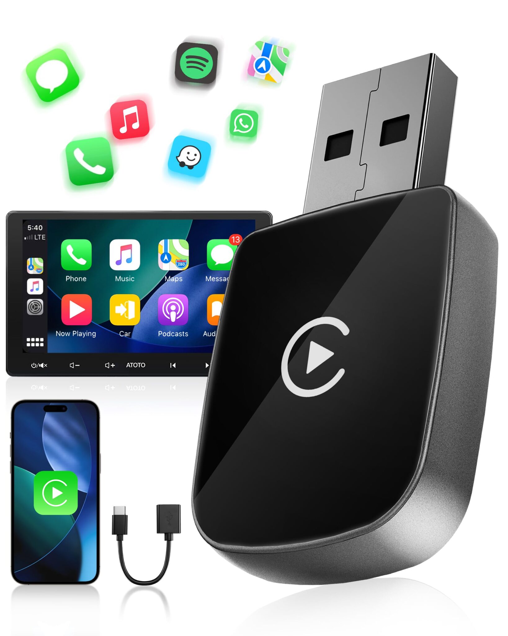 WityEye Adattatore CarPlay Wireless, Dual Core Wi-Fi a 5.8 GHz, Bluetooth V5.3, Rapida & Stabile, Plug & Play, per Apple iPhone con iOS 10+ & Veicoli con Funzione CarPlay Cablata…