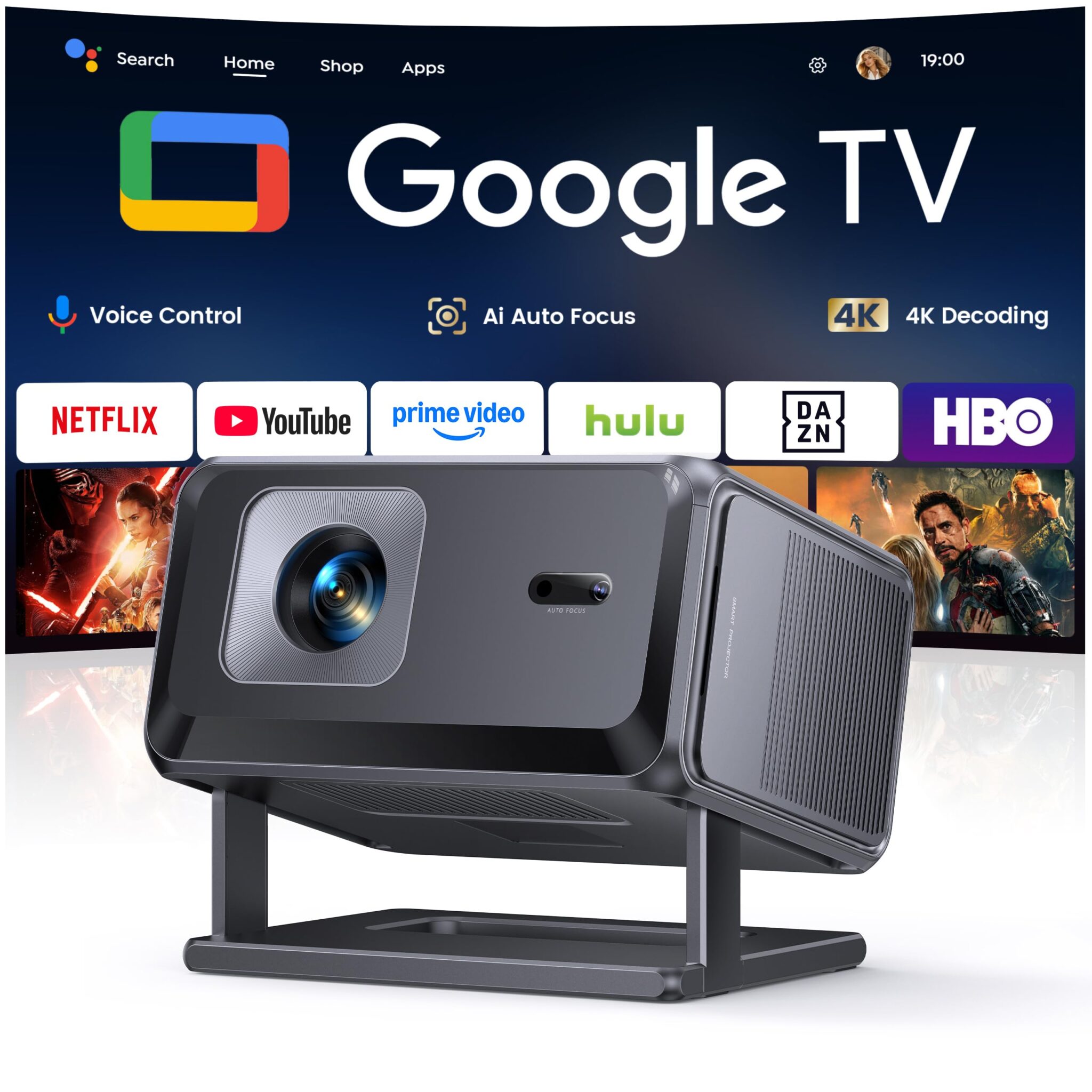 Proiettore 4K【Google TV/Compatibile con Netflix】Videoproiettore Auto Focus e 6D Keystone Projector a Focale Corta Proiettore Portatile WiFi Bluetooth Proiettori Rotabile Home Cine…