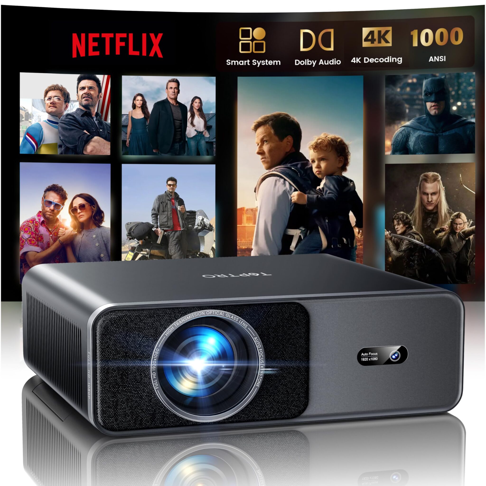 Proiettore 4K[Compatibile con Netflix/Dolby]1000 ANSI Regolazione Auto Dell'immagine AI Proiettore Portatile per Smart Home Theater e Esterno WiFi 6 Two-way Bluetooth 5.3 Videopro…