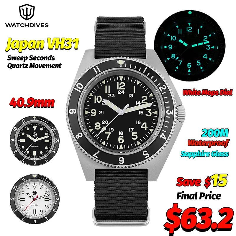 Watchdives WD1972 Orologio al quarzo Zaffiro Luminoso Orologi da uomo VH31 Sweep Secondi Movimento 20Bar Orologi impermeabili con confezione regalo