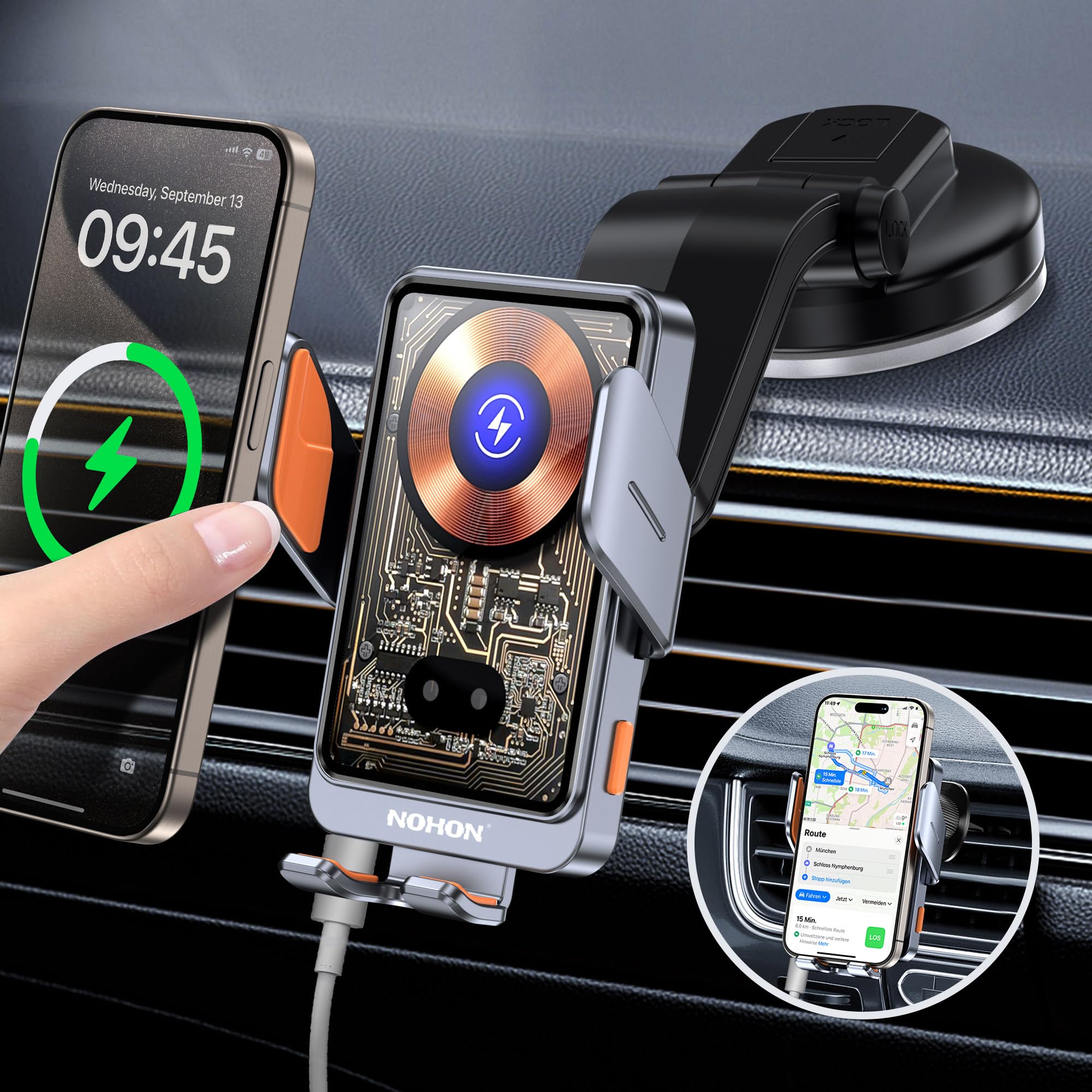 NOHON 15W Qi Caricatore Wireless Auto：Supporto Telefono Auto con Clip Ventosa per iPhone 17 16 15 14 13 12,Samsung,Xiaomi,360° Rotazione Auto-Bloccaggio Porta Cellulare Ricarica W…