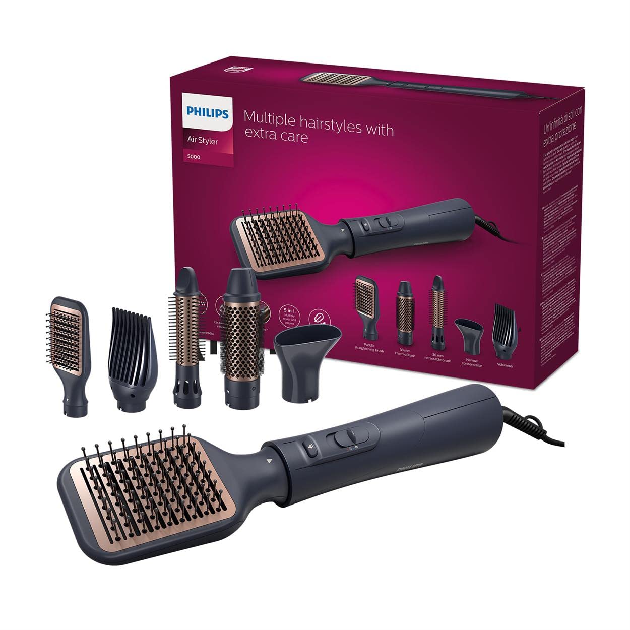 Philips serie 5000 - Styler ad aria Philips con 5 accessori per stili diversi, da un look liscio naturale a onde definite e volume sulle radici, modello BHA530/00