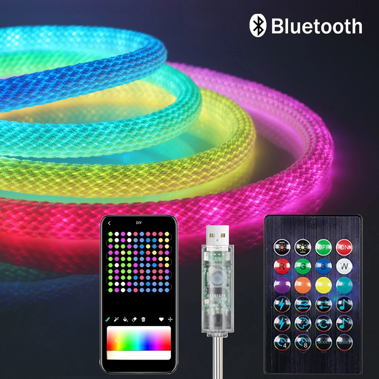 Striscia LED Neon RGB Rotonda 5M 360 Glow, Controllo Remoto Bluetooth APP a 24 Tasti, 5V USB WS2812B, Sincronizzazione Musicale, Impermeabile, Decorazione a Corda