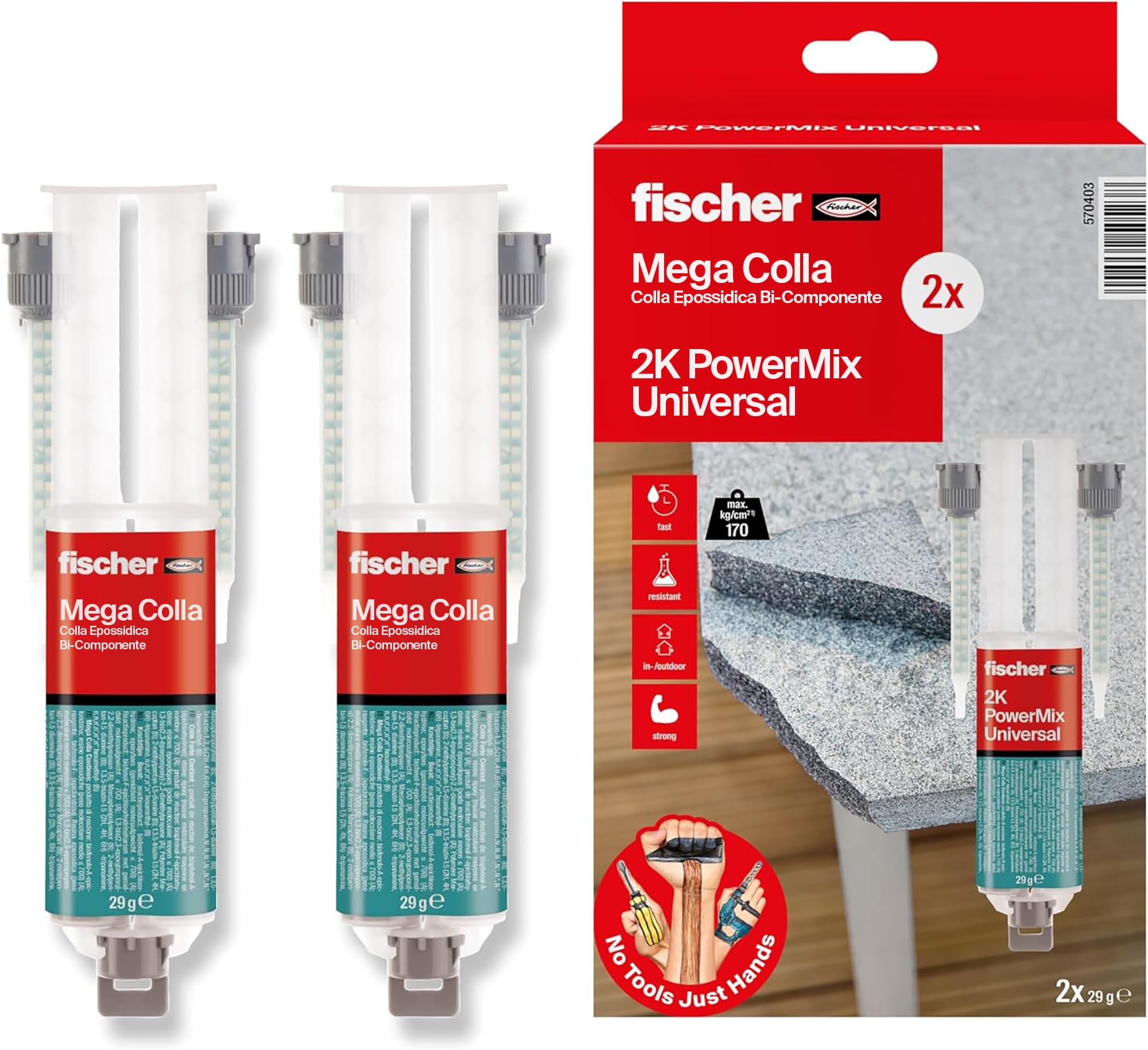 Fischer 2 Pz Mega Colla Epossidica Bicomponente PowerMix NTJH, Presa Rapida, Adesivo Trasparente per Incollare Metallo, Legno, Plastica, Vetro, Ceramica, 2 x 25 ml