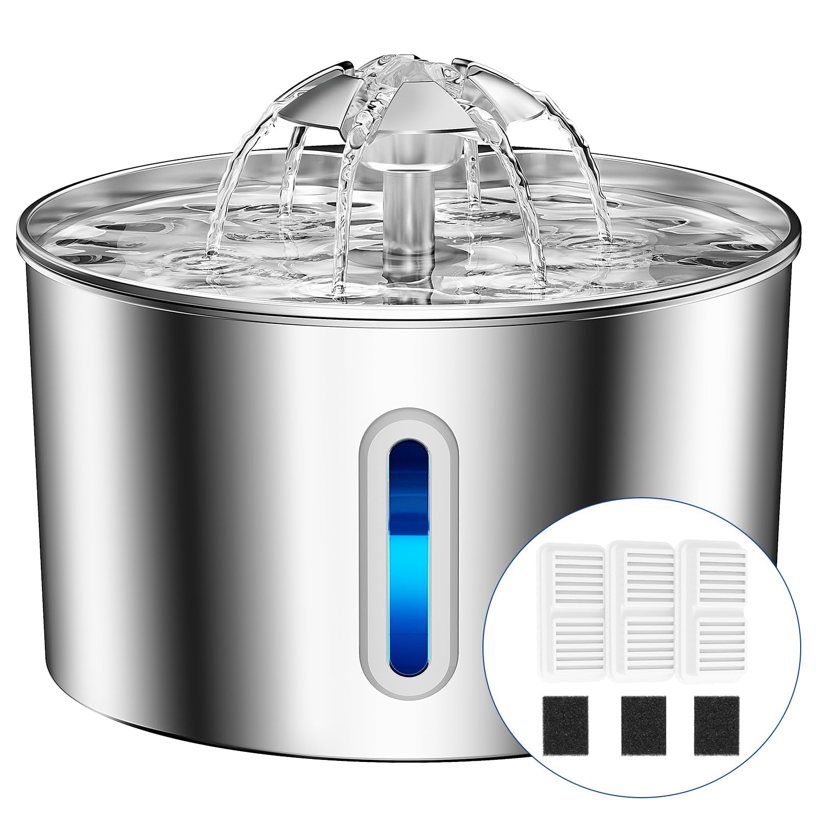 Fontanella per Gatti Acciaio Inox, 2,2L Fontana per Gatti Super Silenzioso, Sistema di Filtraggio Quadruplo, Facile da Pulire, Fontanella Gatto con LED, 3 Filtri a Carboni Attivi