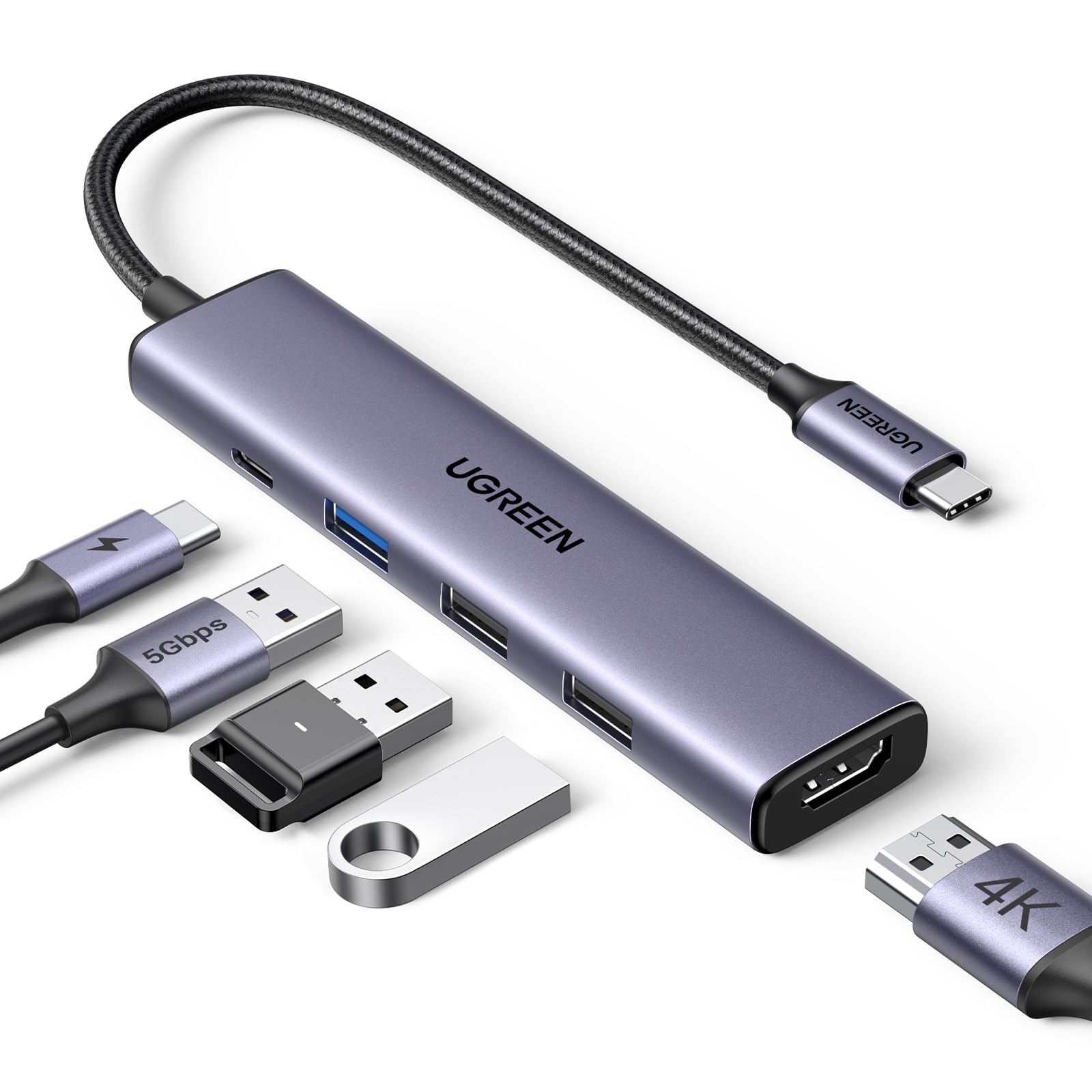 UGREEN Revodok 105 Hub USB C 5 in 1 Adattatore da USB-C a HDMI | 4K 30Hz, PD 100W Ricarica Rapida, 5Gbps, Compatible con MacBook iPad Pro Air Surface iPhone 17 Pro Max 16 15 Serie
