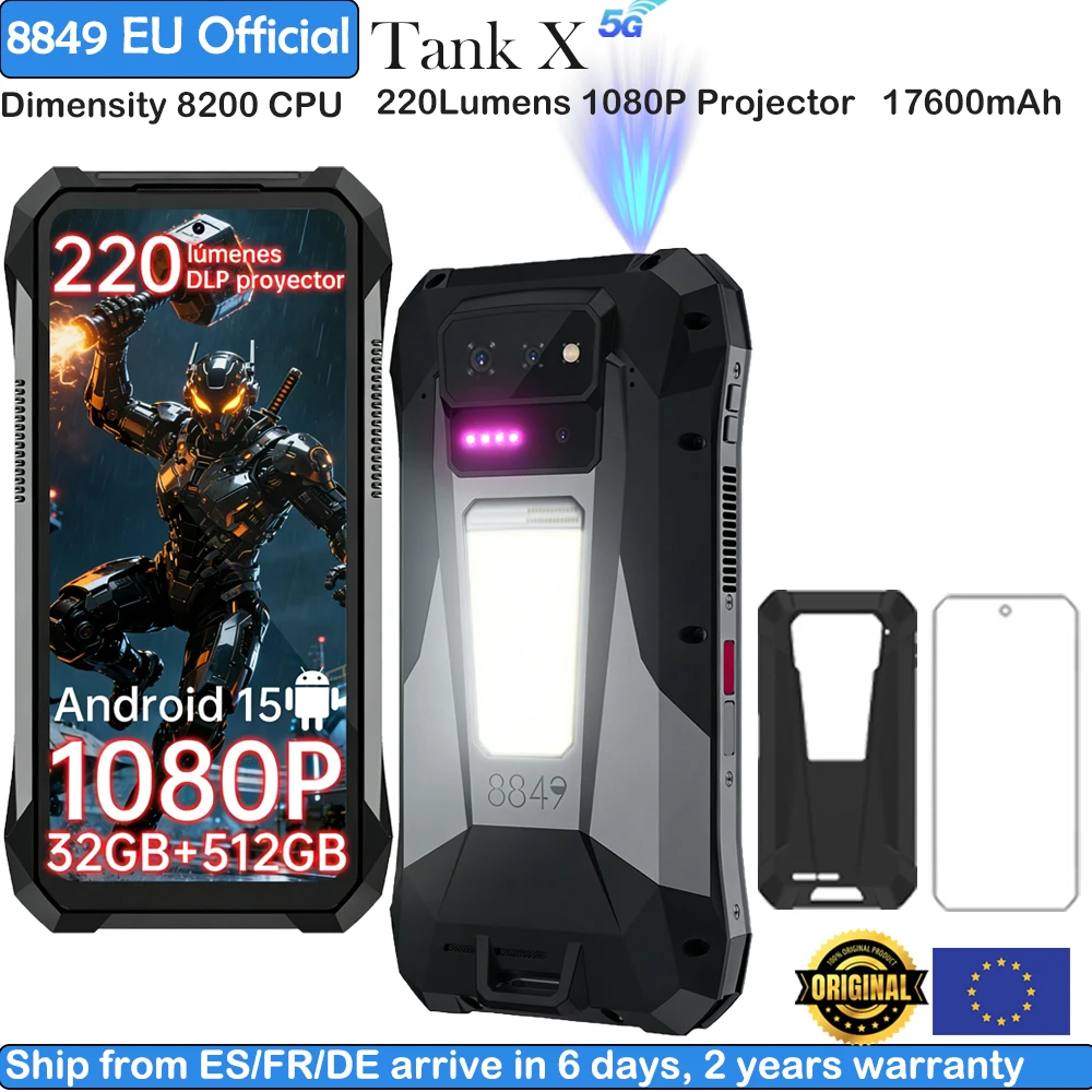 8849 Tank X Unihertz Smartphone Robusto con Proiettore da 220 Lumen, Supporto 1080P, Android 15, 17600mAh, 32GB/512GB, 5G Dimensity 8200