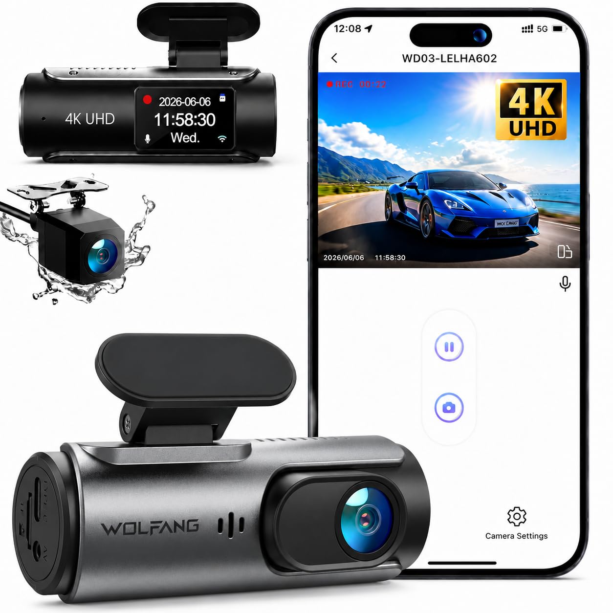 WOLFANG Dash Cam Auto 4K, Doppia WiFi Dashcam per Auto, Telecamera Auto 170° Grandangolo, Visione Notturna,G-Sensor, WDR, Monitor di Parcheggio, Registrazione in Loop
