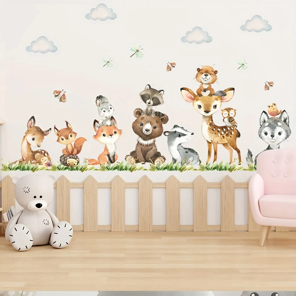 Cartoon Jungle Safari Animali Adesivi murali Cervo Volpe Orso Nuvole Paesaggio Decalcomanie da muro per la cameretta dei bambini Decorazione della parete