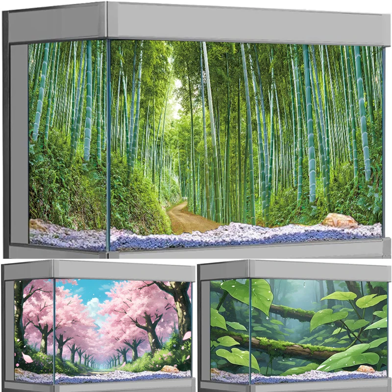 Adesivo Decorativo per Acquario con Foresta di Bambù e Fiori di Ciliegio, in PVC Biadesivo per Decorazione Vasche dei Pesci