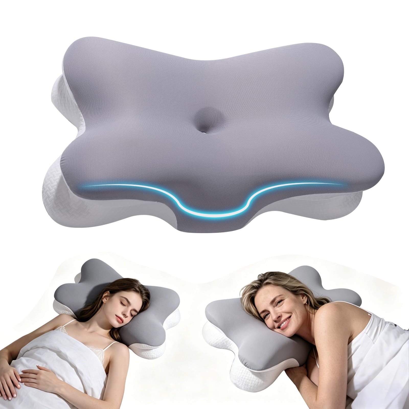 Cuscino Cervicale Memory Foam | 2 Altezze Cuscino Collo 67x37x8.5/9.5 cm | per Dormire su Fianco, Schiena e Stomaco | con Federa Sfoderabile e Lavabile | Grey