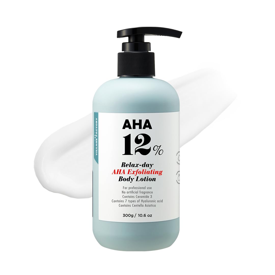 VILLAGE 11 FACTORY lozione per il corpo con acido glicolico AHA 12% (300 g), peeling e ringiovanimento, rimozione delicata delle cellule morte, senza profumo, senza parabeni (AHA…