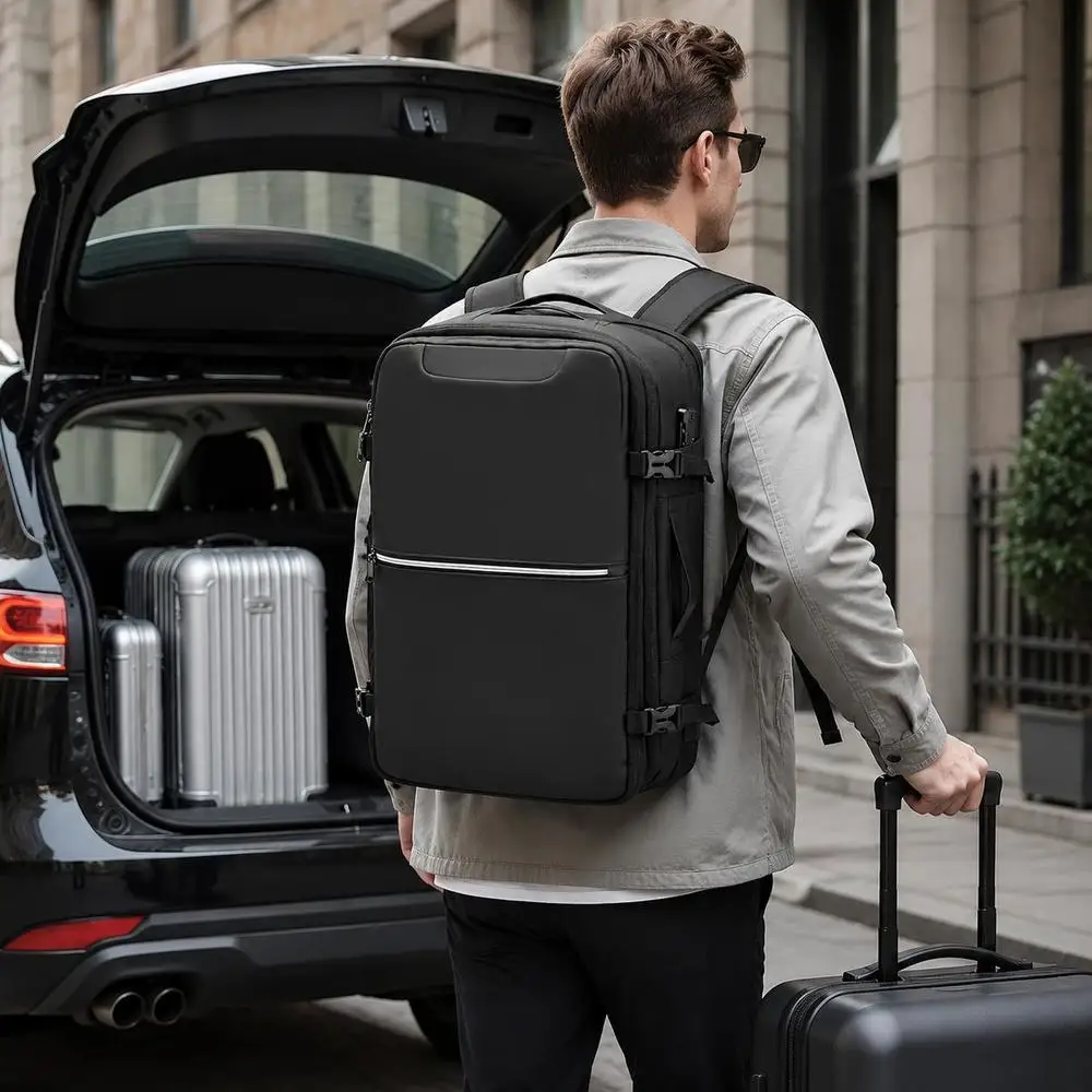 Zaino da Viaggio Sottovuoto 80L in Tessuto Rivestito 900x900D e PVC Nero con Compressione Estensibile, Pompa, Chiusura TSA, Scomparti Multipli, Spallacci Imbottiti, Bande Riflette…