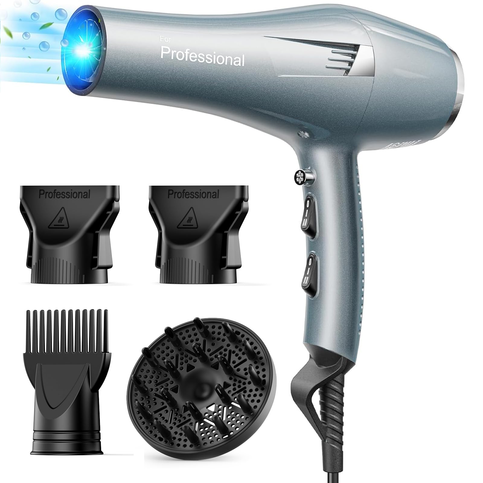 Phon Capelli Professionale 30m/s Asciugacapelli, 120 Milioni di Ioni Negativi, Asciugatura Rapida per Salone e Casa, 3 Temperature, 2 Velocità, 4 Accessori (Diffusore + Ugelli) (A…