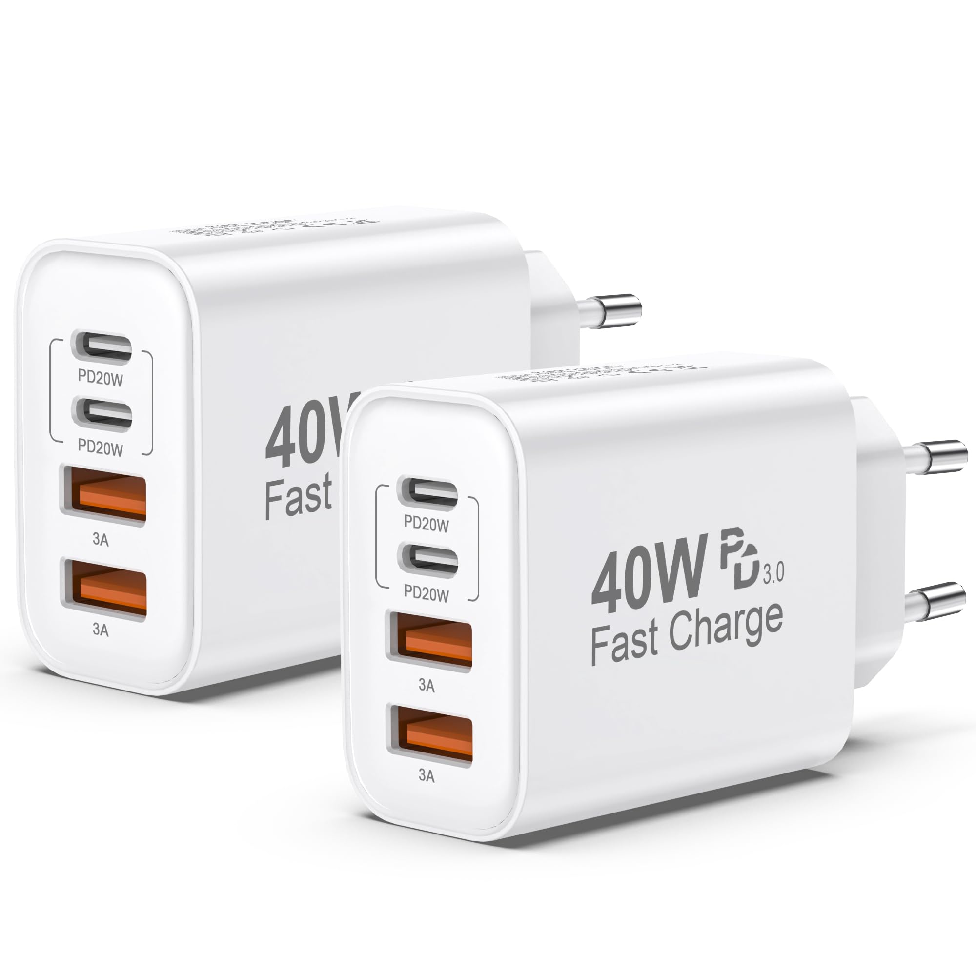 Caricatore USB C 2 Pack,40W 4-Porte Multiplo USB C & USB-A Rapido PD & QC3.0, Caricatore iPhone Alimentatore Presa USB Caricabatterie Spinotto per IPhone 17/16/15/14/13/12 Pro Max…