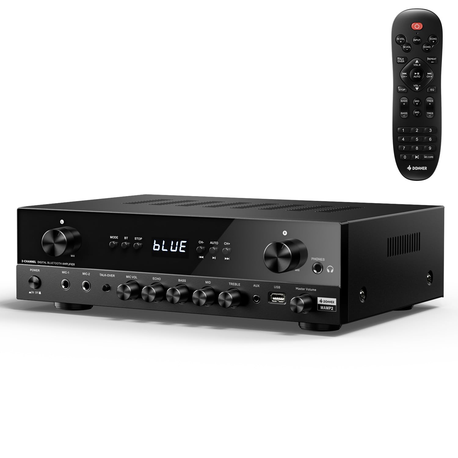 Donner Amplificatore Audio Stereo, Ricevitore a 2 Canali da 600 W di Picco con Bluetooth 5.3, Phono, Ottico, Coassiale, USB, FM, 2 Ingressi Microfono, AUX, RCA Ingresso, Karaoke,…