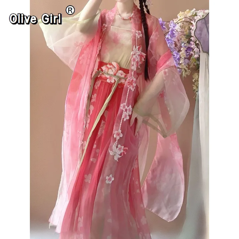 Abito Hanfu Olivegirl, Abbigliamento Tradizionale Cinese, Abbigliamento Femminile, Stampa Primaverile con Ricamo Sfumato, Costume da Fata