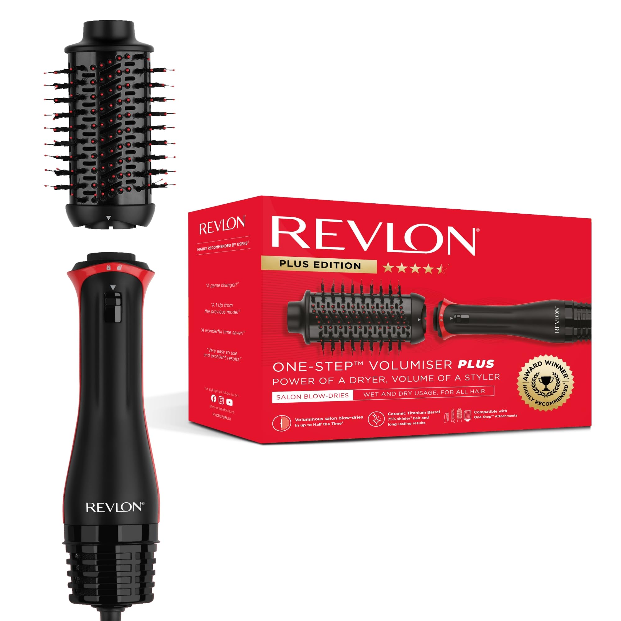 Revlon One-Step Volumiser Plus (spazzola ovale staccabile, rivestimento in ceramica di titanio, setole miste con punte a sfera al carbone attivo, tecnologia ionica alla tormalina)