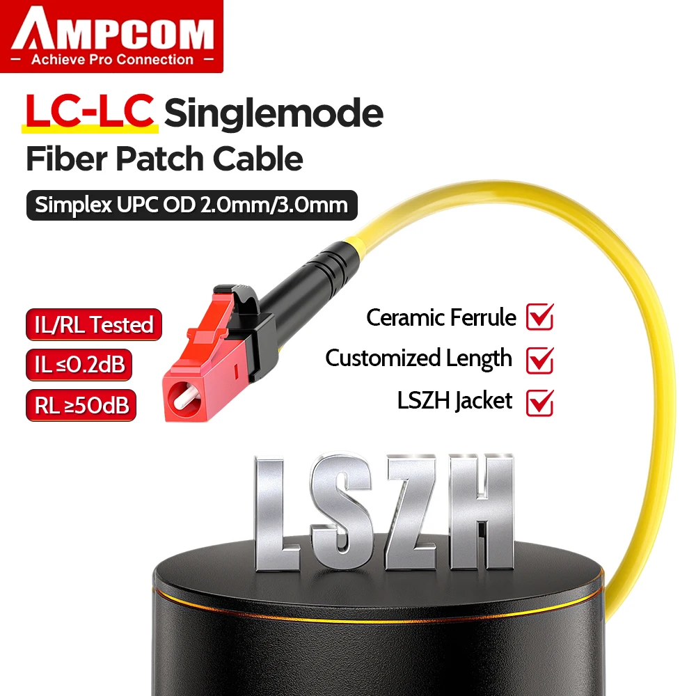 Cavo Patch in Fibra Ottica AMPCOM LC-LC Monomodale Simplex OS2 SMF UPC 10Gpcs per Convertitore Multimediale, ONT/ONU, Switch 2.0mm/3.0mm