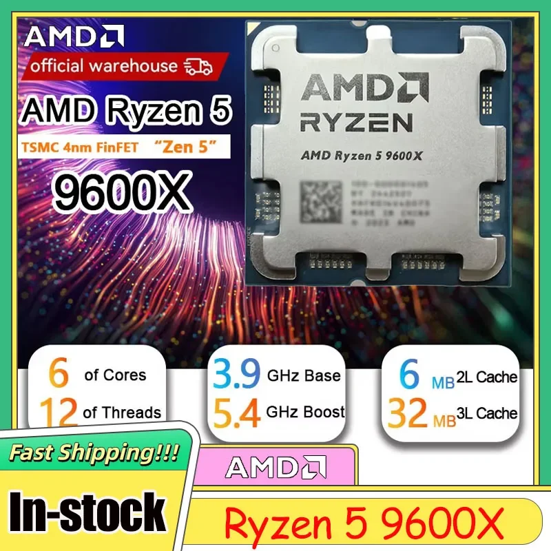 Processore AMD Ryzen 5 9600X 6-Core 12-Thread, Max 5.4GHz, 32MB Cache L3, Compatibile AM5 con B850 X870, CPU per Gaming, Confezione Bulk