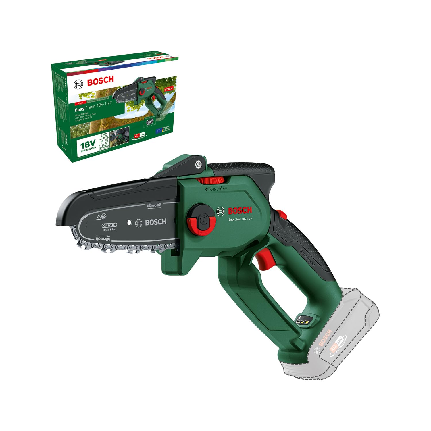 Bosch Mini Motosega a batteria EasyChain 18V-15-7 senza batt./caric. | per il taglio del legno; 18 Volt System; velocità catena: 6.95 m/s