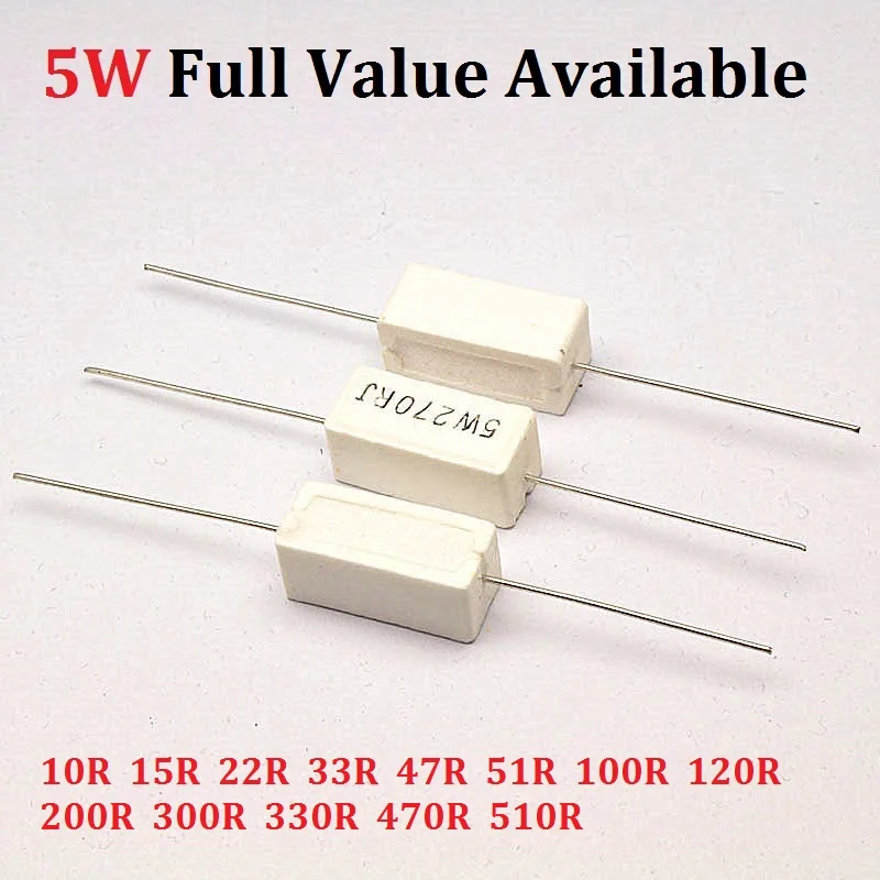 10 pz/lotto 5W 10R/15R/22R/33R/47R/51R/100R/120R/200R/300R/330R/470R/510R/ 5% resistore di cemento 5 w51r resistori di cemento resistenza